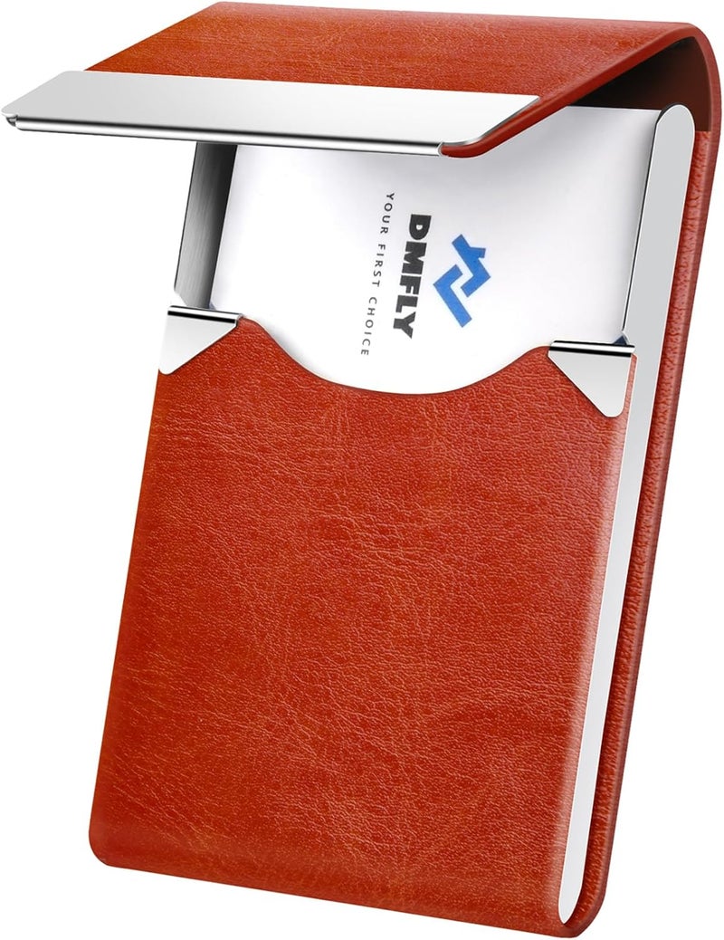DMFLY Business Card Holder for Women or Men, Business Card Case with PU Leather and Stainless Steel, Slim Metal Case with Magnetic Closure for Business Meeting Use - Image 1