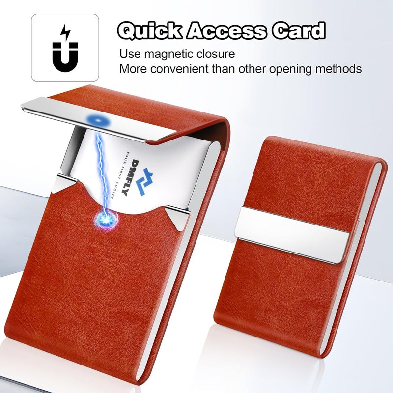 DMFLY Business Card Holder for Women or Men, Business Card Case with PU Leather and Stainless Steel, Slim Metal Case with Magnetic Closure for Business Meeting Use - Image 3