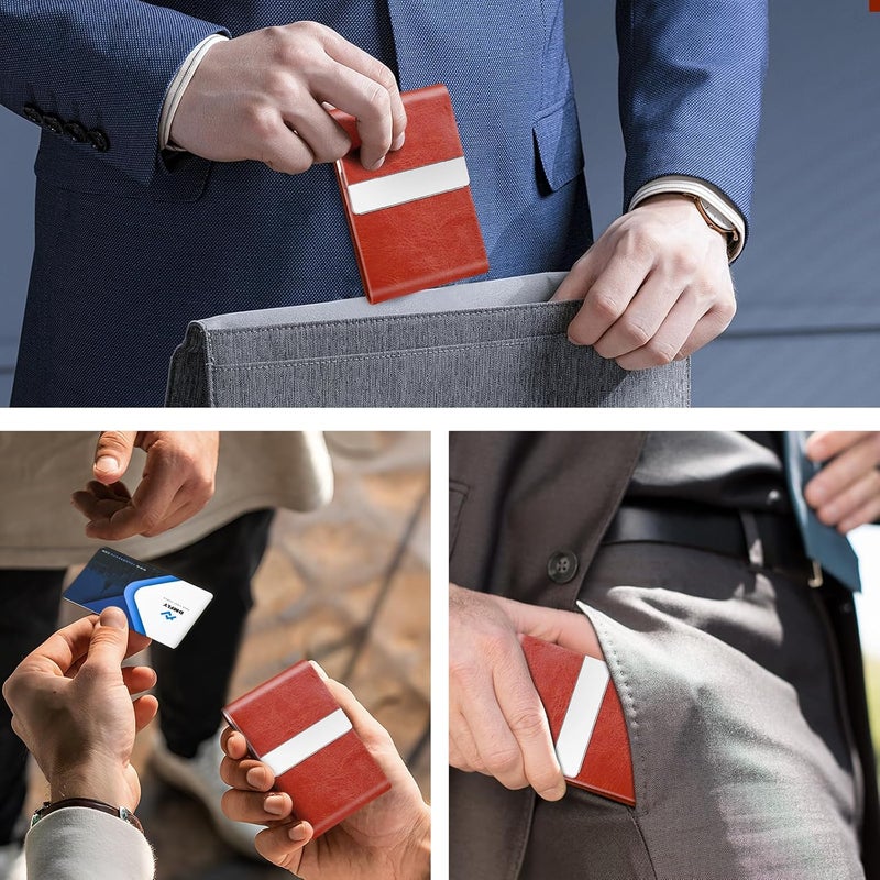 DMFLY Business Card Holder for Women or Men, Business Card Case with PU Leather and Stainless Steel, Slim Metal Case with Magnetic Closure for Business Meeting Use - Image 5