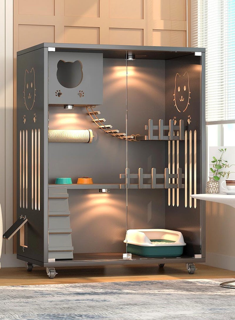 Sunshinee Sunshine Luxury Wood Cat Villa in Grey - C - with Glass Front Door, Small Side Door, Bottom Wheels for Easy Movement and 2 Indoor Scratchers 90*60*125 cm - Image 1