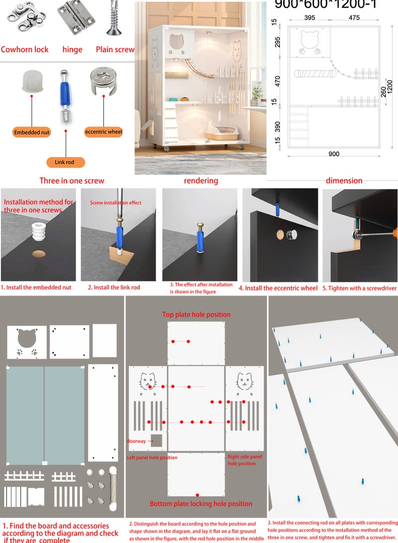 Sunshinee Sunshine Luxury Wood Cat Villa in Grey - C - with Glass Front Door, Small Side Door, Bottom Wheels for Easy Movement and 2 Indoor Scratchers 90*60*125 cm - Image 3