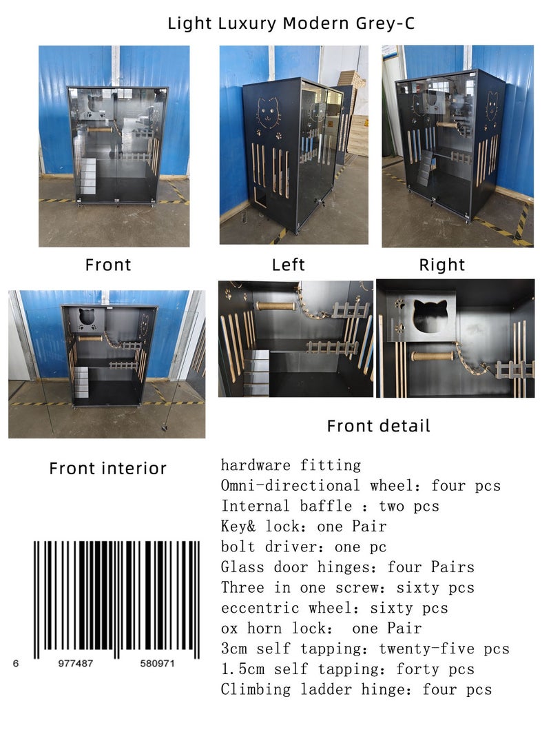 Sunshinee Sunshine Luxury Wood Cat Villa in Grey - C - with Glass Front Door, Small Side Door, Bottom Wheels for Easy Movement and 2 Indoor Scratchers 90*60*125 cm - Image 2