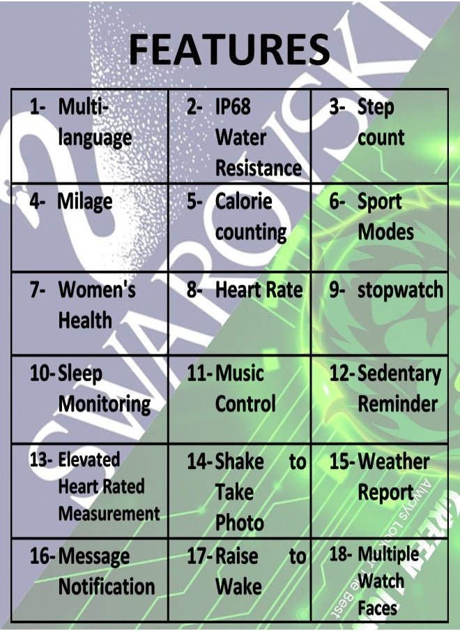 GREEN LION - Smart Watch / Swarovski Crystals / Step Count/Mileage walk/ Calories Count/ Sport Mode/ Music Control/ Women Health/Heart Rate - Blue - Image 1
