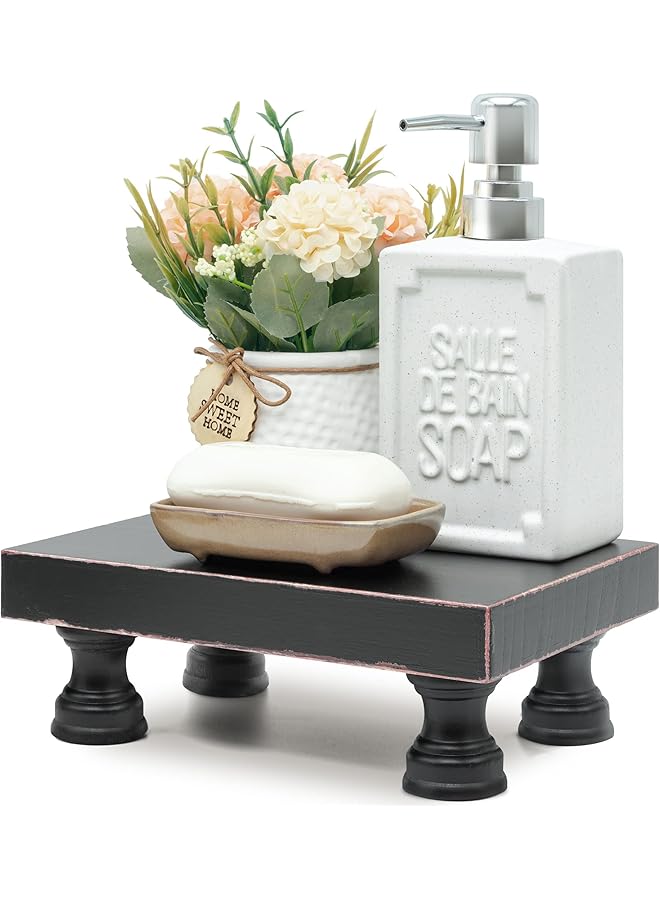 إيروريكس حامل قاعدة عصري للديكور في المطبخ، حامل خشبي مزخرف للعرض وصينية موزع الصابون الريفي وحامل الإسفنج، منظم سطح الطاولة والحوض باللون الأسود - Image 1