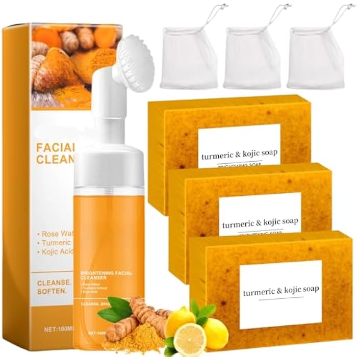 Peehss Turmeric Soap & Turmeric Face Wash Set, Honey Lemon Tumeric Kojic Soap Bar & Facial Cleanser Combo for Face & Body, Evens Skin Tone Deep Cleansing Moisturizing - Image 1