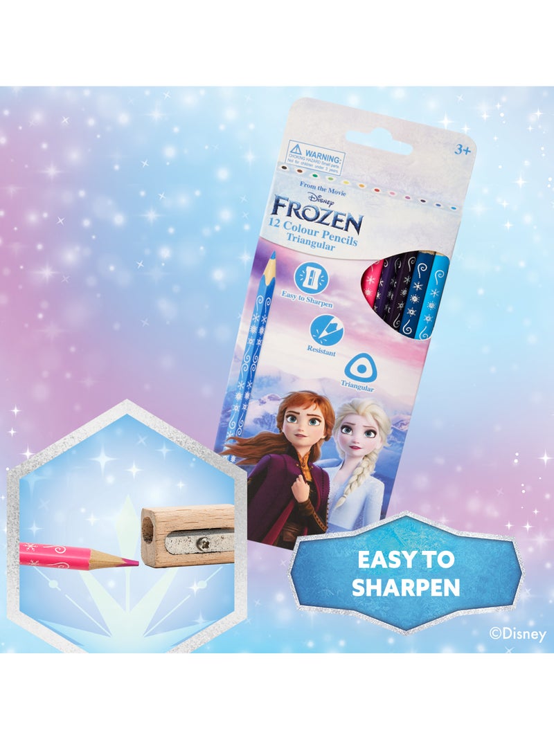 ديزني فروزن 12 أقلام تلوين مثلثة متعددة الألوان – قبضة مريحة، رؤوس مقاومة للكسر، سهلة البَرْي، ألوان زاهية وغنية، غير سامة – مثالية للفنانين الصغار ومعجبي ديزني. - Image 3