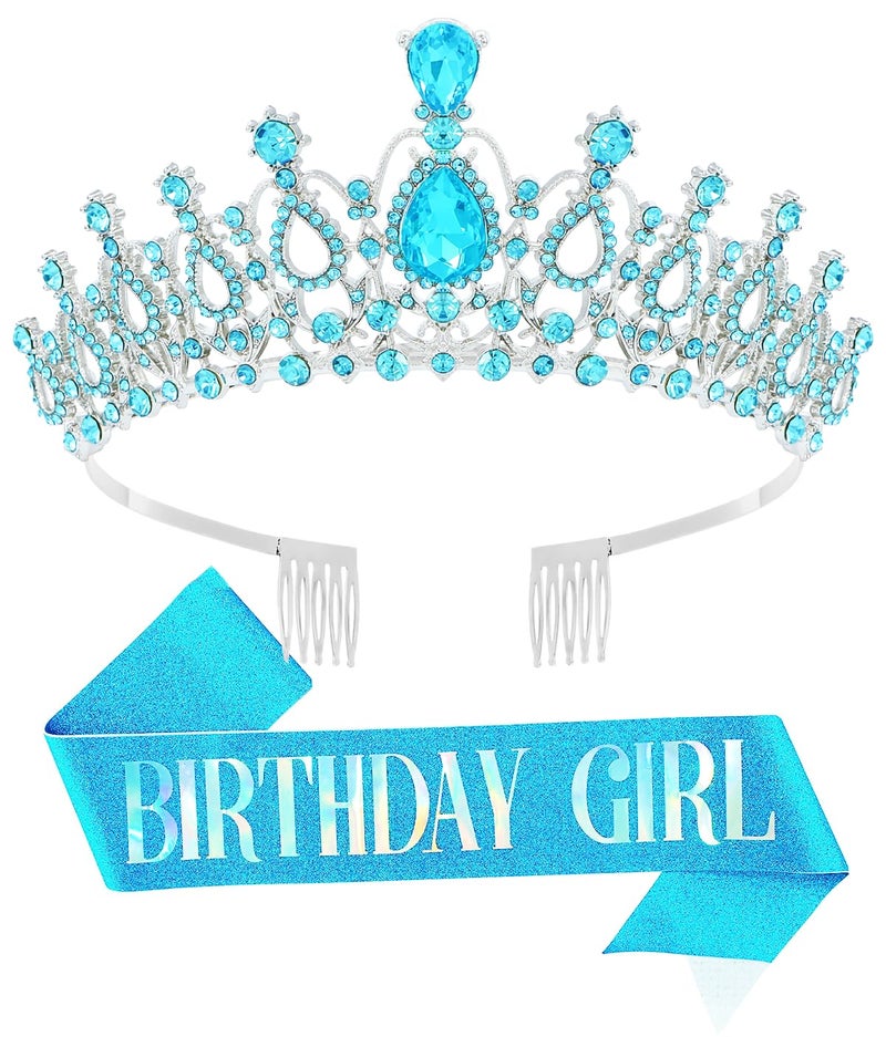 Papoopy Birthday Tiara and Crown with Sash for Women, Hair Accessories for Wedding Party Costume (B - Blue) - Image 1