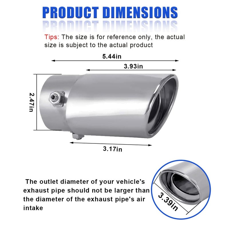 DUSCOKE Stainless Steel Car Exhaust Tip, 2.5" Inlet 3.4" Outlet Chrome Tail Throat Pipe Exhaust Muffler Pipe Tip Fit 1.5"- 2.25" Diameter Pipes, Exhaust Tailpipe Car Modification Accessory (Straight) - Image 2