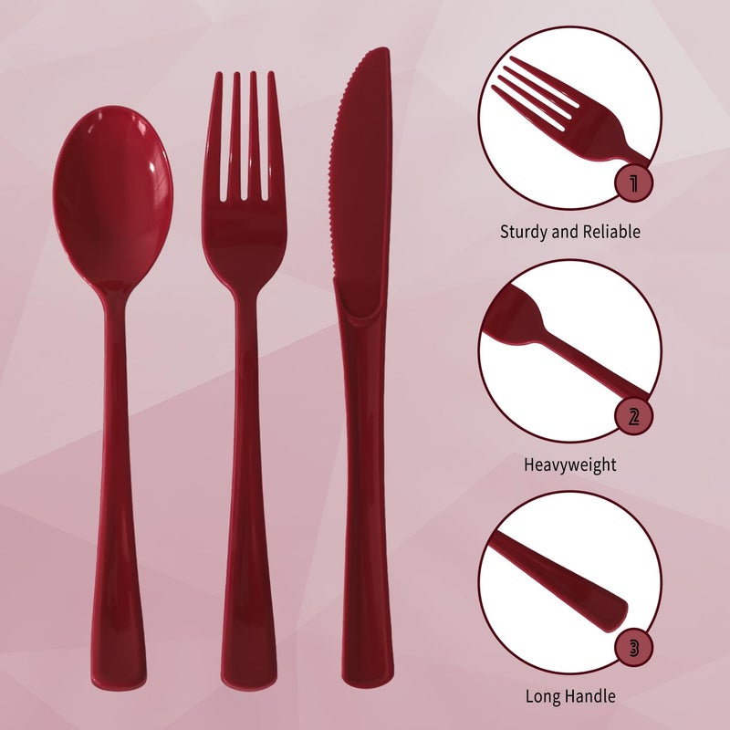 JSQBSECL 150 Pack Plastic Silverware Disposable Cutlery Set Heavy Duty Utensil Sets 50 Forks 50 Knives 50 Spoons for Brithday  Wedding Home Office School Party Picnics (Burgundy) - Image 3