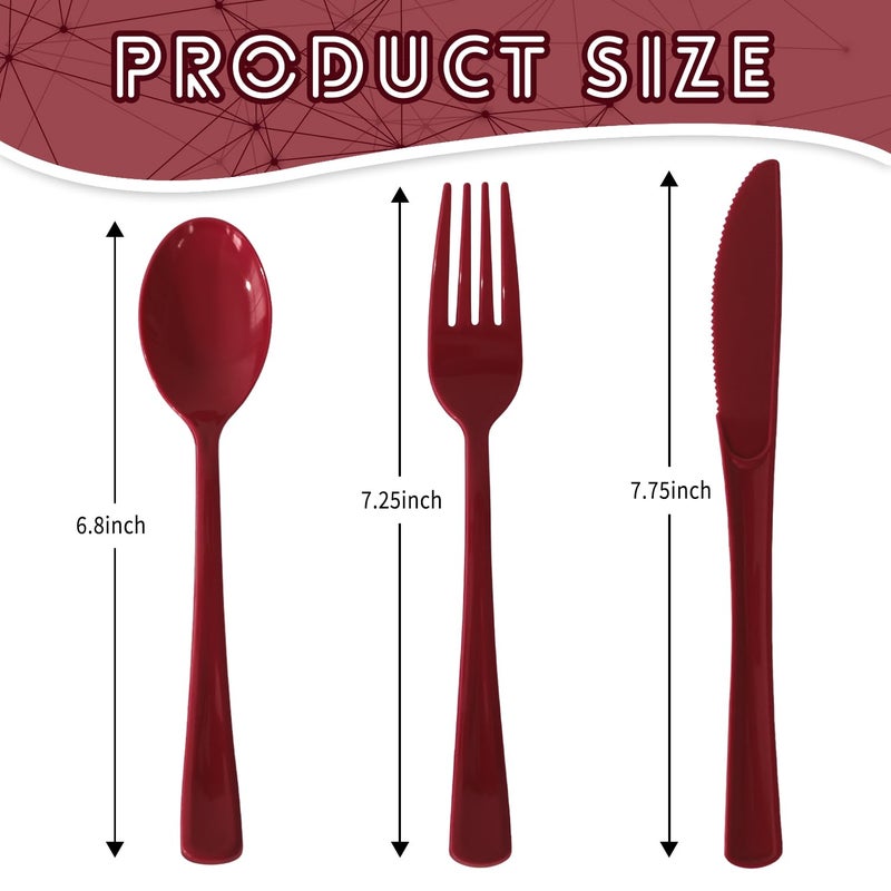 JSQBSECL 150 Pack Plastic Silverware Disposable Cutlery Set Heavy Duty Utensil Sets 50 Forks 50 Knives 50 Spoons for Brithday  Wedding Home Office School Party Picnics (Burgundy) - Image 2