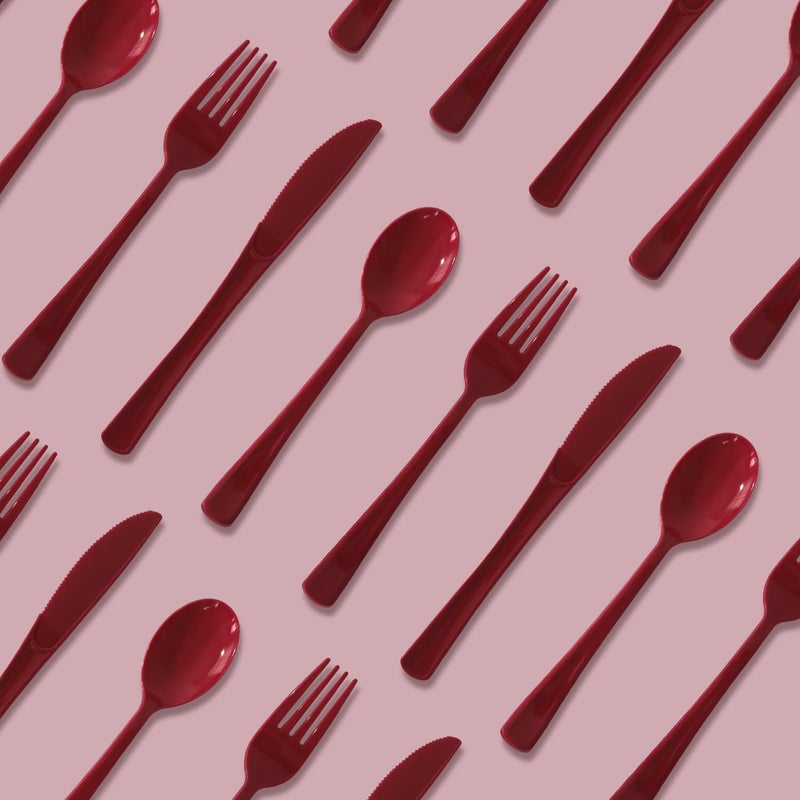 JSQBSECL 150 Pack Plastic Silverware Disposable Cutlery Set Heavy Duty Utensil Sets 50 Forks 50 Knives 50 Spoons for Brithday  Wedding Home Office School Party Picnics (Burgundy) - Image 4