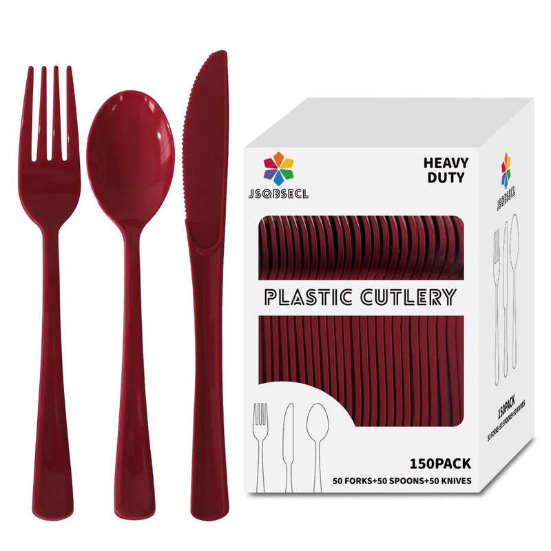 JSQBSECL 150 Pack Plastic Silverware Disposable Cutlery Set Heavy Duty Utensil Sets 50 Forks 50 Knives 50 Spoons for Brithday  Wedding Home Office School Party Picnics (Burgundy) - Image 1