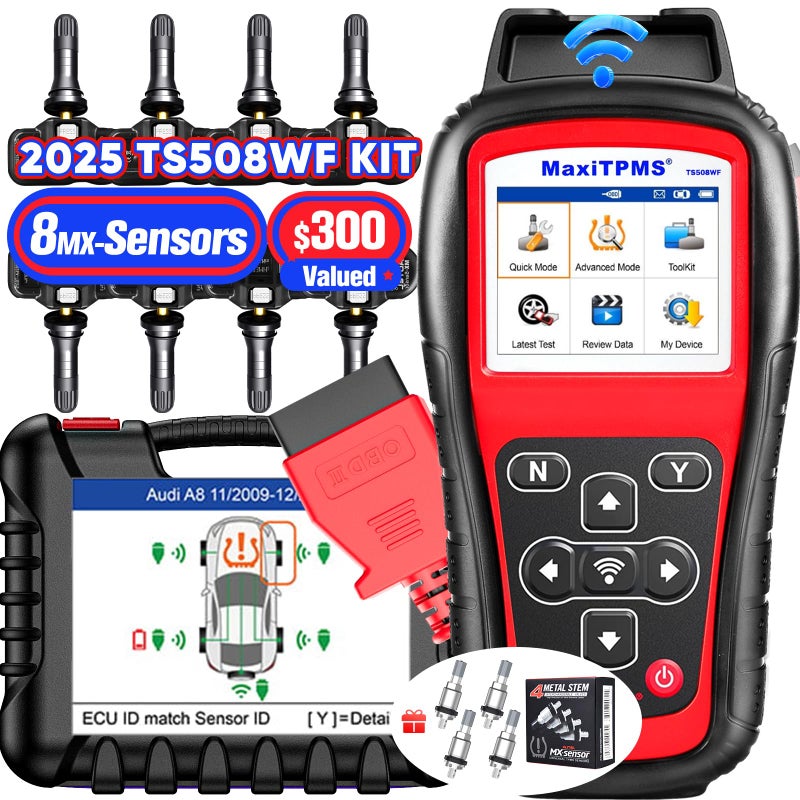 Autel MaxiTPMS TS508WF KIT 2025 TPMS Programming Tool WiFi Ver of TS508 TS501 PRO TS408S TS601 Relearn Activate All Sensors TPMS Scan Tool w 300 8PCS Sensor 4PCS Valves TPMS Reset Free Update