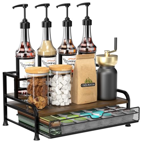 PONEYA Coffee Syrup Rack Organizer 3Tier 8 Bottles Syrup Rack with 35 K Cup Storage Basket for Coffee Bar Countertop Bottle Holder Stand for Wine Dressing for Kitchen Cafe Station