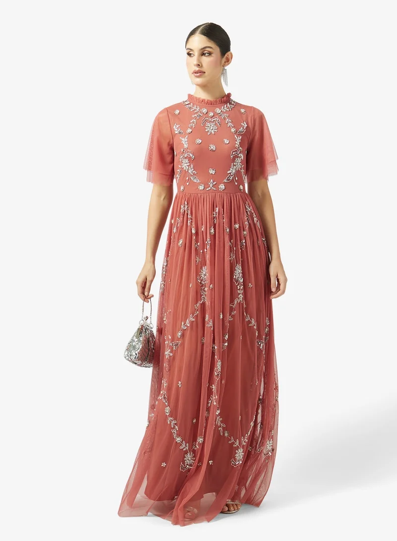 Embroidered Mesh Short Sleeve Maxi Dress
