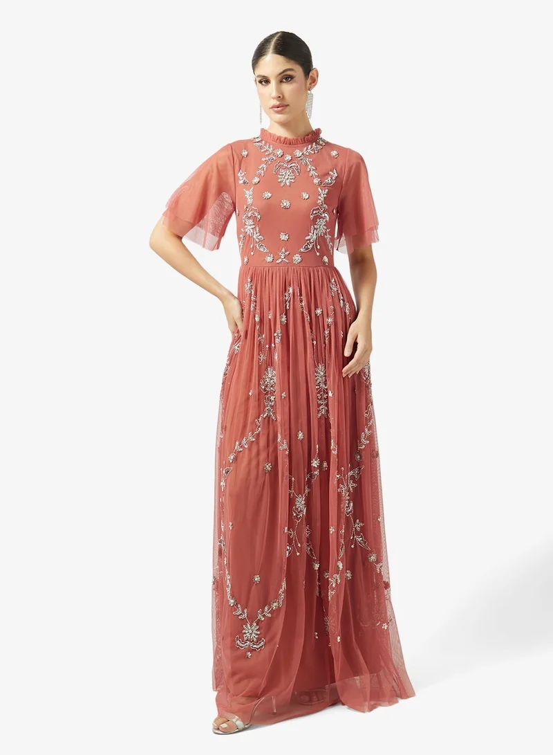 Frock And Frill  Embroidered Mesh Short Sleeve Maxi Dress for Women | Best Price UAE
