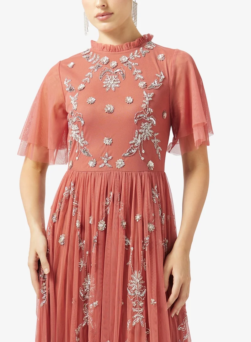 Frock And Frill  Embroidered Mesh Short Sleeve Maxi Dress for Women | Best Price UAE