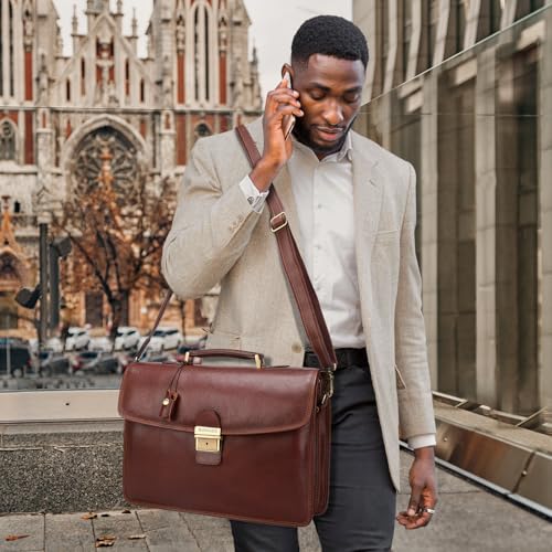 Banuce Vintage Genuine Full Grain Italian Leather Briefcase for Men with Lock 14 Inch Laptop Bag Business Work Bags Attache Case Brown - Image 3