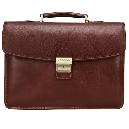 Banuce Vintage Genuine Full Grain Italian Leather Briefcase for Men with Lock 14 Inch Laptop Bag Business Work Bags Attache Case Brown - Image 1