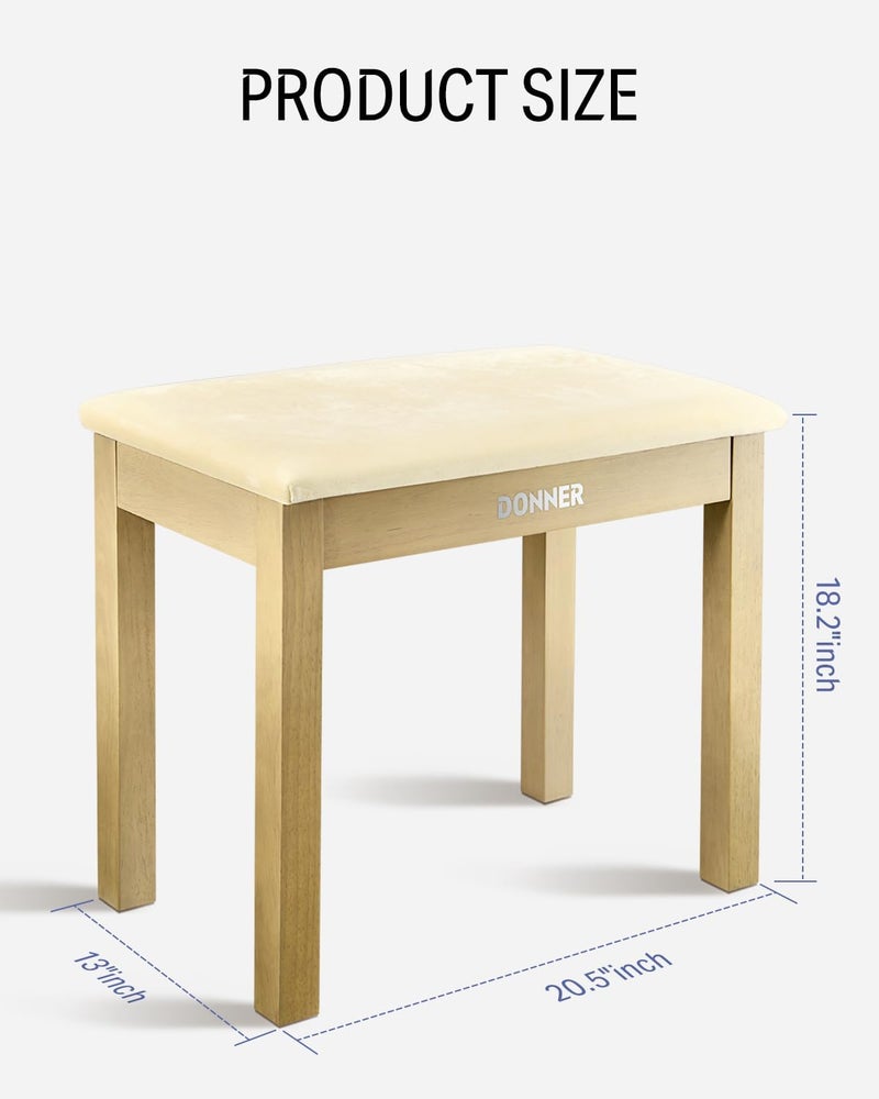 Donner Piano Bench with Storage, Solid Wood Keyboard Bench Piano Bookcase Stool Chair Seat with High-Density Suede Cushion, Light Wood Color - Image 3