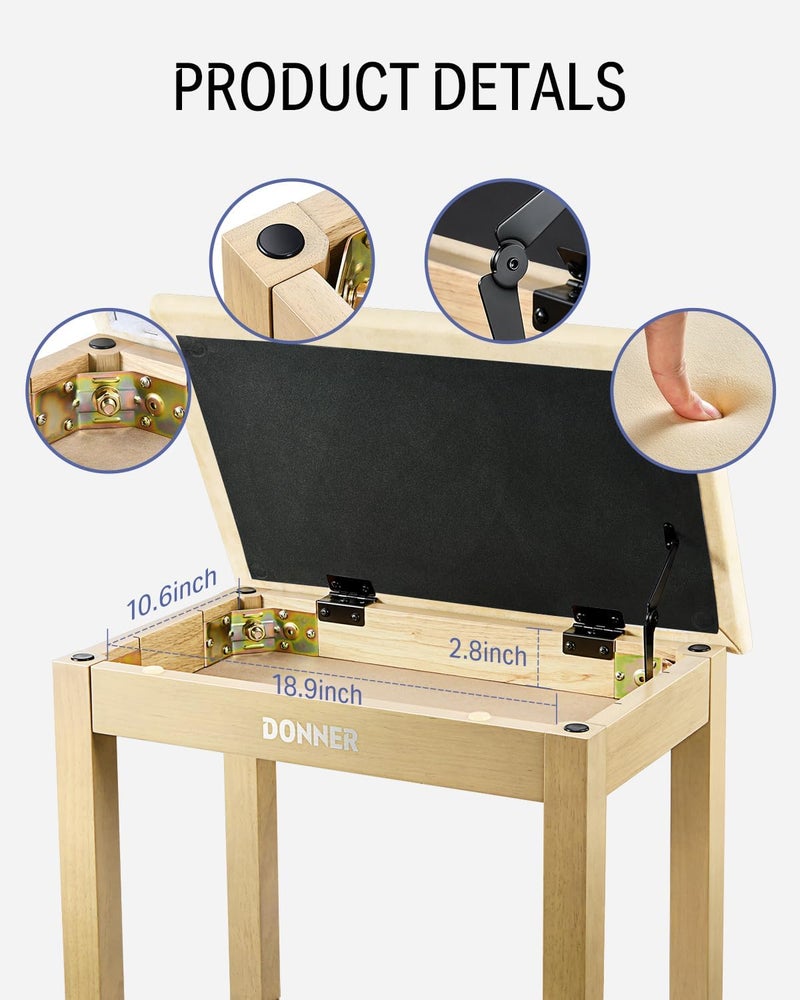 Donner Piano Bench with Storage, Solid Wood Keyboard Bench Piano Bookcase Stool Chair Seat with High-Density Suede Cushion, Light Wood Color - Image 5
