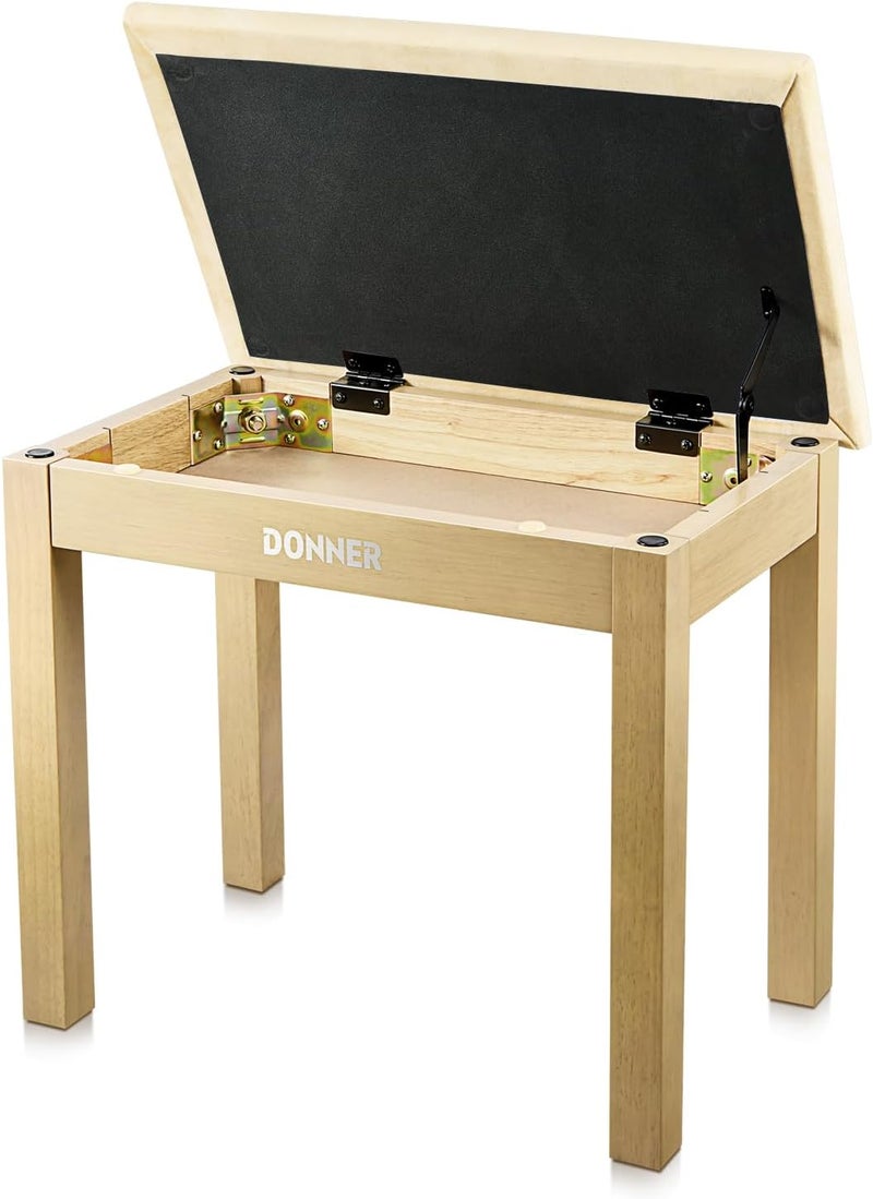 Donner Piano Bench with Storage, Solid Wood Keyboard Bench Piano Bookcase Stool Chair Seat with High-Density Suede Cushion, Light Wood Color - Image 1