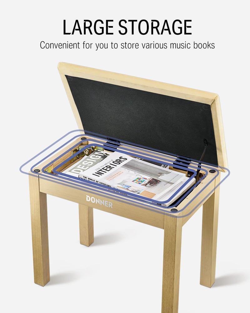 Donner Piano Bench with Storage, Solid Wood Keyboard Bench Piano Bookcase Stool Chair Seat with High-Density Suede Cushion, Light Wood Color - Image 4