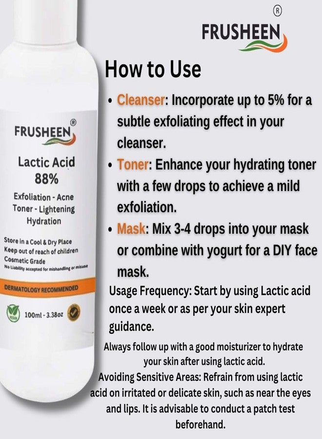 Frusheen مقشر سائل بحمض اللاكتيك بنسبة 88% لتقشير البشرة باستخدام أحماض ألفا هيدروكسي في تحضير السيروم والصابون والتونر والمنظفات والأقنعة للوجه والبشرة والجسم - 100 مل - Image 4
