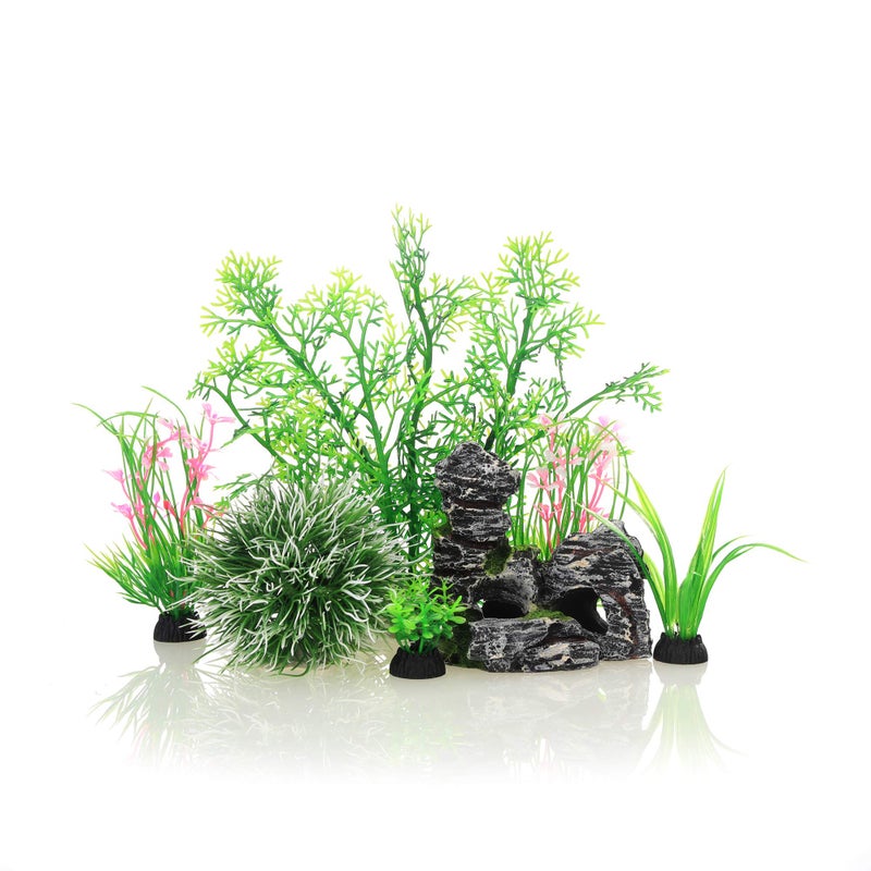 JIH Aquarium Fish Tank Plastic Plants and Cave Rock Decorations Decor Set 7 Pieces Small and Large Artificial Fish Tank Plants with Cave Rock