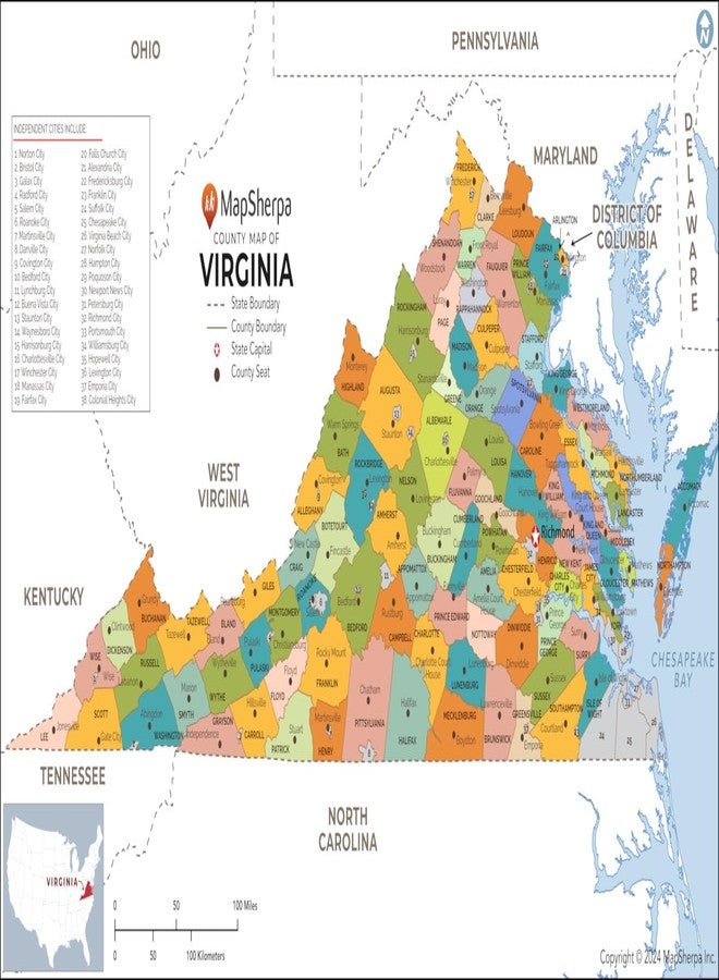 MapSherpa Virginia Counties Map - Poster - 21 x 39 inches - Front Lamination - Image 1