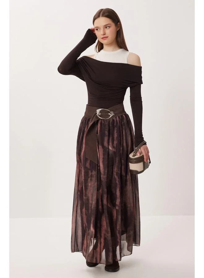 Lovely Istanbul Patterned Crinkled-Effect Chiffon Skirt LZV0057 BROWN HAKI.