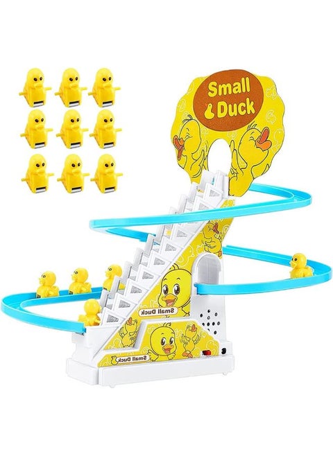 JOYGETIN Small Duck Slide Toy,Electric Duck Climbing Stairs Tracks Slide Toy Set,Duck Roller Coaster Toy with Flashing Lights & Music On/Off Button, 01