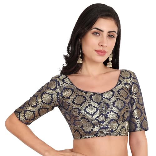 JISB Women's Heavy Brocade Round Neck Saree Blouse (34, Navy) - Image 3
