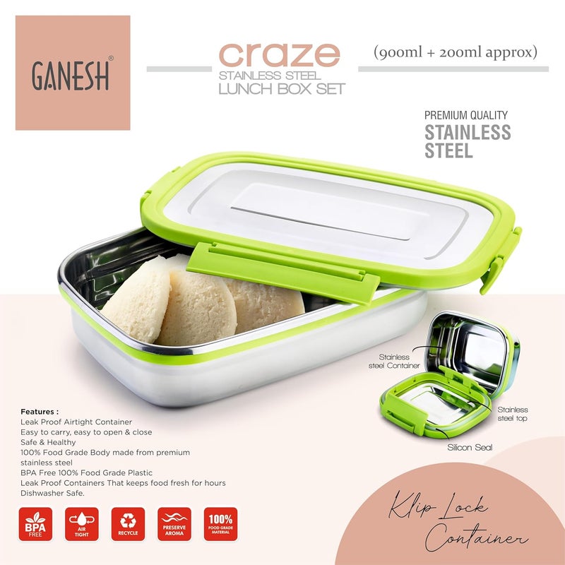 Ganesh Craze Stainless Steel Tiffin Lunch Box Container 4 Side Clip Lock Lid for Office & School Use/Food Grade/Air Tight-900ML - Image 3