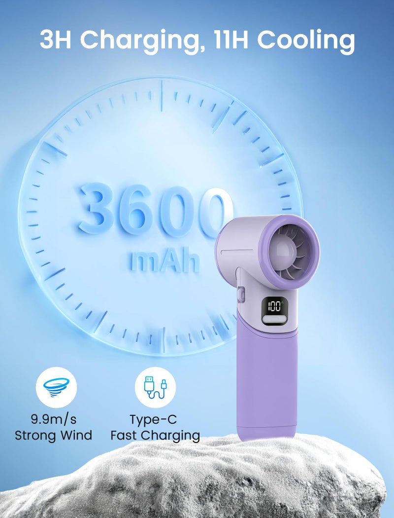 MERTTURM® Handheld Fan, Portable Mini Hand Fan, 3600mAh USB Rechargeable Turbo Fan[11H Cooling], Powerful Small Desk Fan with LED Display/5 Speed, Personal Foldable Fan for Home Travel Office Outdoor - Image 3