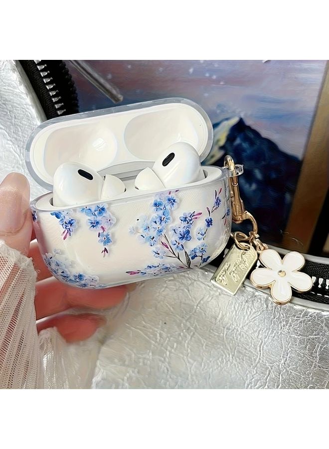 Transparent Blue White Floral Anti Drop Protective Case With Keychain For Airpods 2 - Image 4