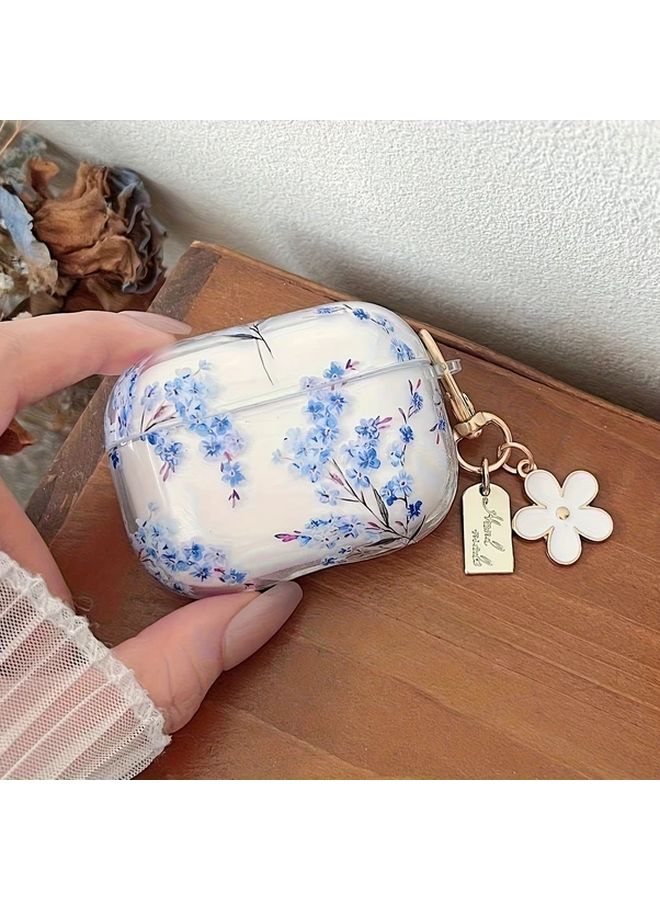 Transparent Blue White Floral Anti Drop Protective Case With Keychain For Airpods 2 - Image 3