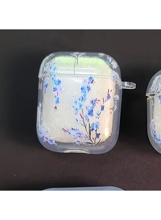Transparent Blue White Floral Anti Drop Protective Case With Keychain For Airpods 2 - Image 1