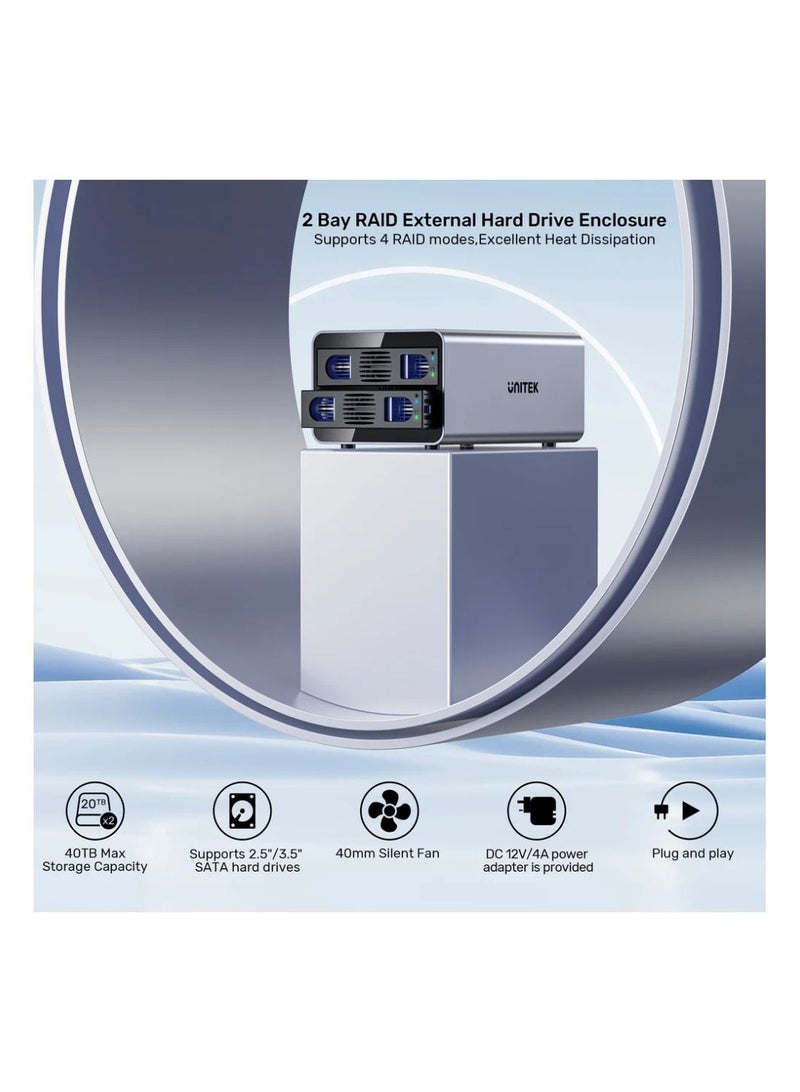 UNITEK 2-Bay USB-C RAID External Hard Drive Enclosure: High-Speed 10Gbps Data Transfer, Compatible with 2.5"/3.5" SATA HDD/SSD, Dual-Bay Docking Station with RAID 0/1/JBOD Support for Enhanced Data Protection - Image 3
