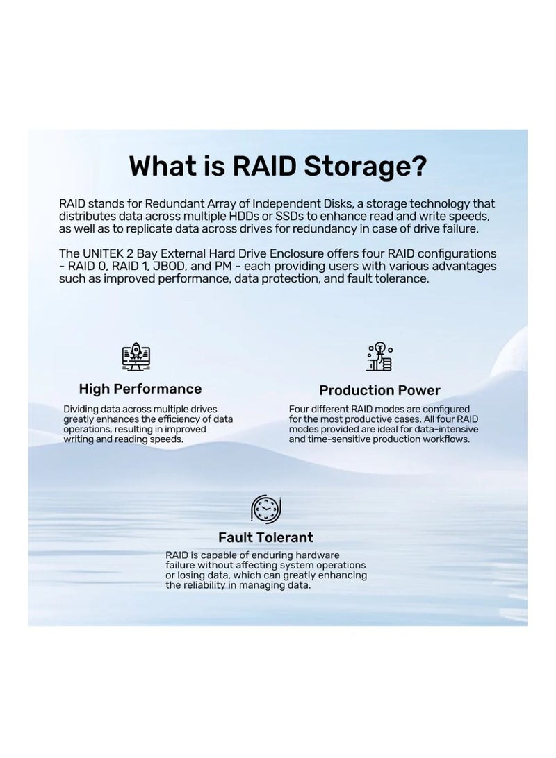 UNITEK 2-Bay USB-C RAID External Hard Drive Enclosure: High-Speed 10Gbps Data Transfer, Compatible with 2.5"/3.5" SATA HDD/SSD, Dual-Bay Docking Station with RAID 0/1/JBOD Support for Enhanced Data Protection - Image 4