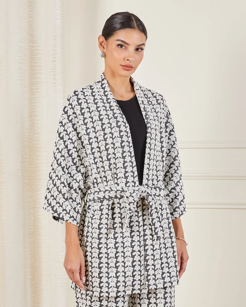 Redtag Women Black And White Belted Wrap Jacket