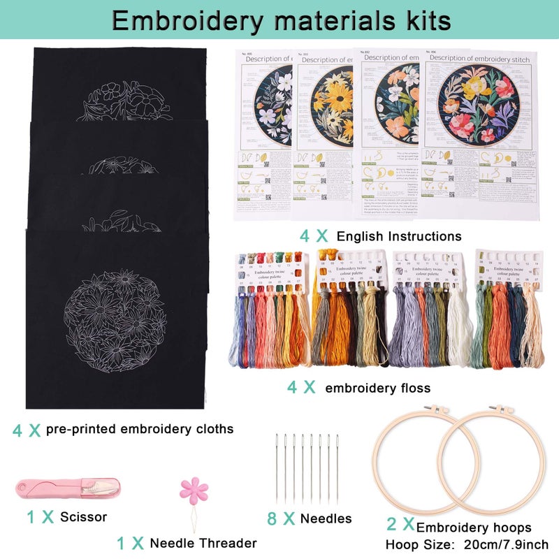 REEWISLY 4pcs of Embroidery Starter kit with Patterns and Instructions, DIY Beginner Adult Cross Stitch Kits, Including 2 Plastic Embroidery Rings, 1 Scissors, Colored Threads and Needles - Image 2