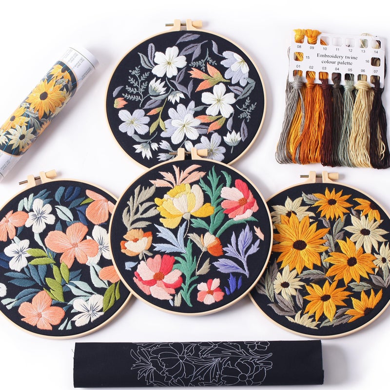REEWISLY 4pcs of Embroidery Starter kit with Patterns and Instructions, DIY Beginner Adult Cross Stitch Kits, Including 2 Plastic Embroidery Rings, 1 Scissors, Colored Threads and Needles - Image 1