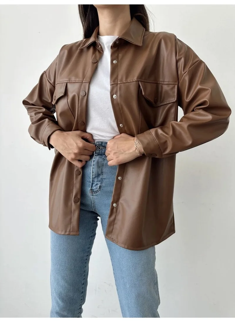 Swana Faux Leather Pocket Jacket Shirt