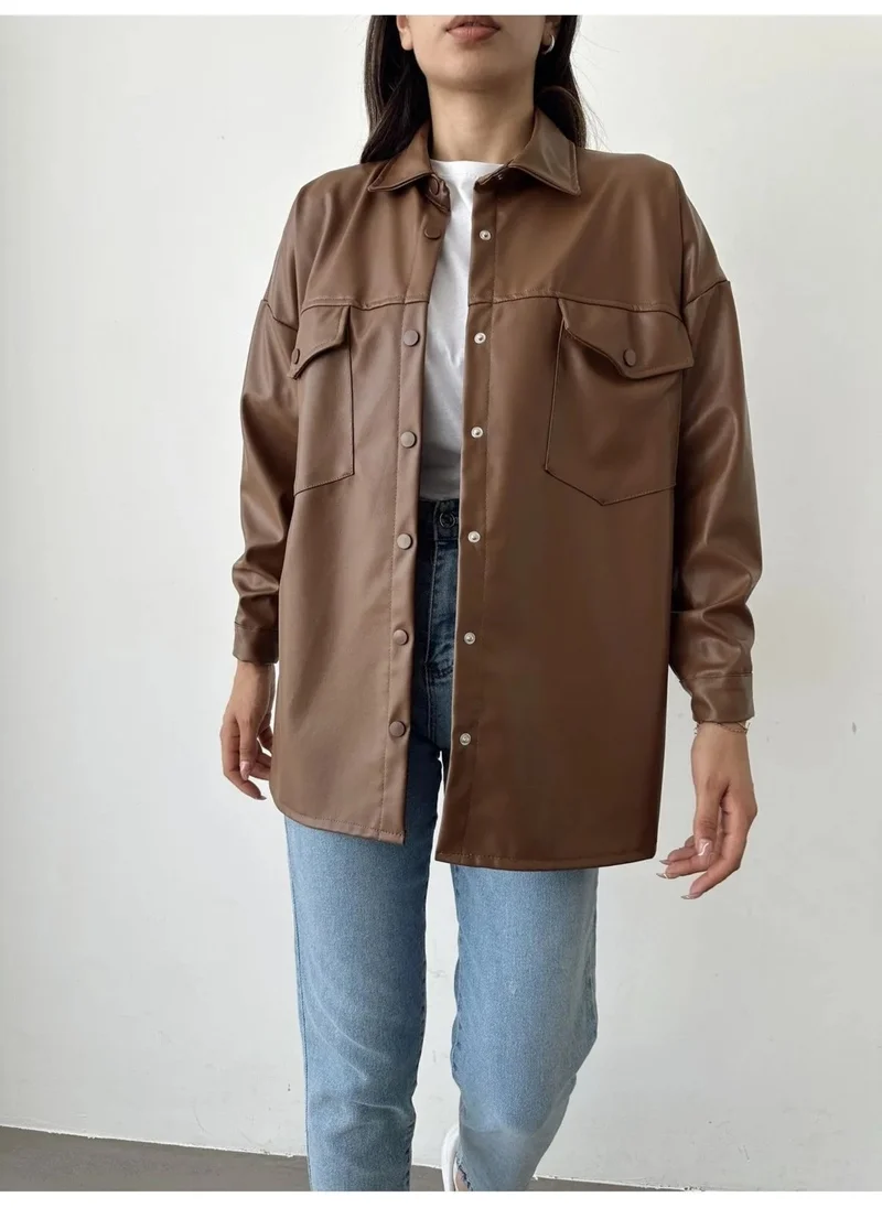 Swana Faux Leather Pocket Jacket Shirt