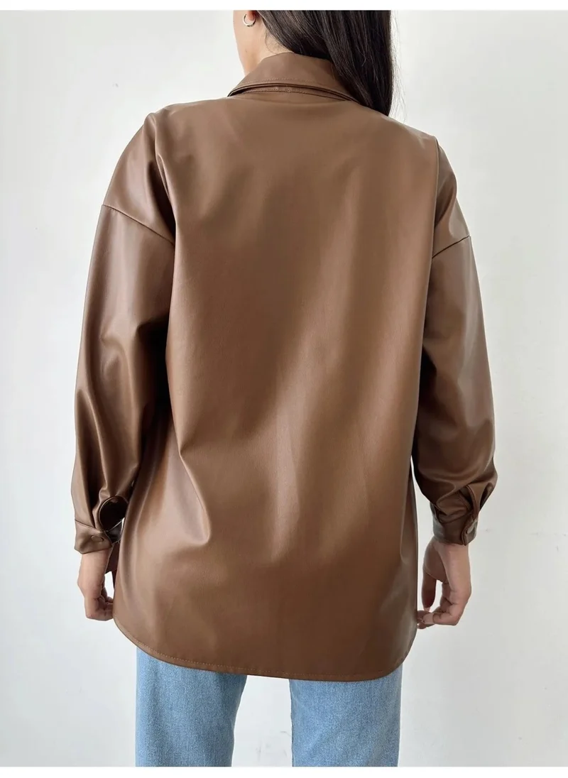 Swana Faux Leather Pocket Jacket Shirt