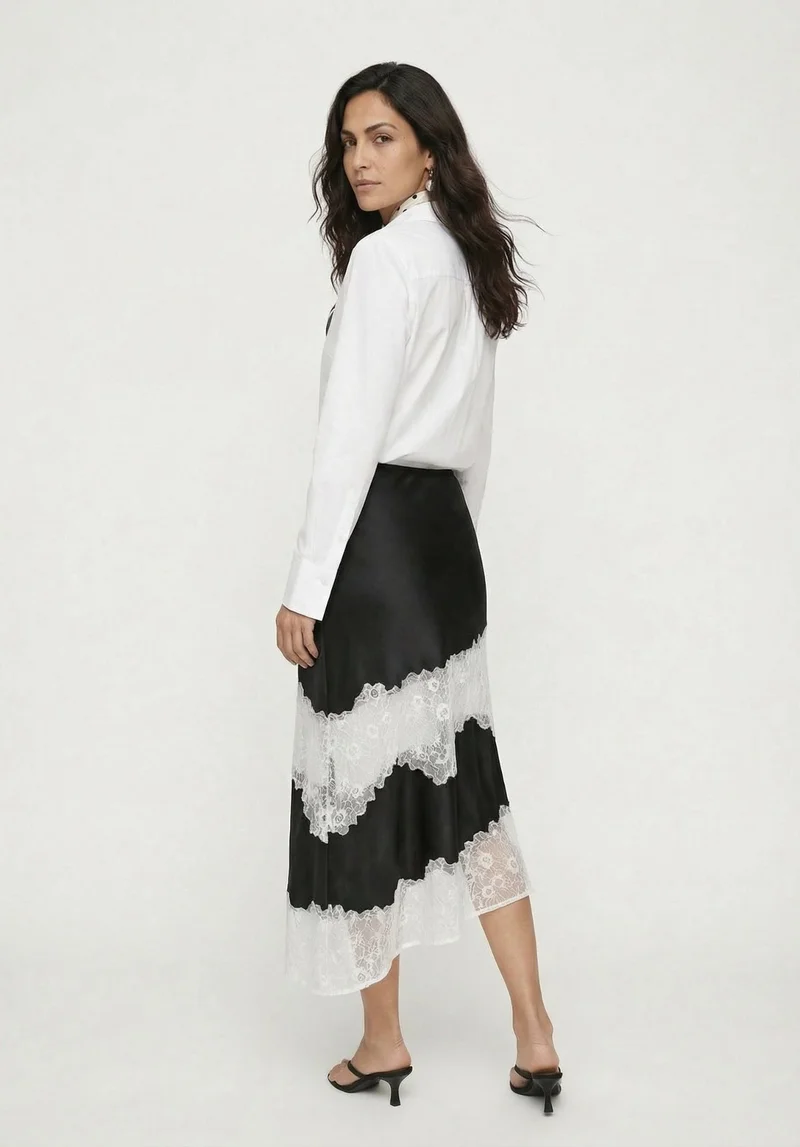 ليلي وليونيل Elenor Lace Insert Midi Skirt In Black And Ecru