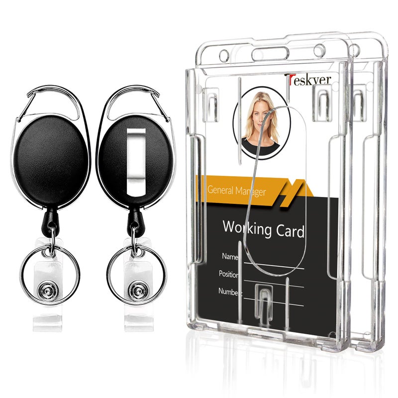 Teskyer 2-Pack Badge Holder Retractable Clip, Heavy-Duty Badge Reel with 6.7oz Load Capacity, Clear Vertical Hard ID Card Badge Holders for Work Office Nurse Teacher Student - Image 1