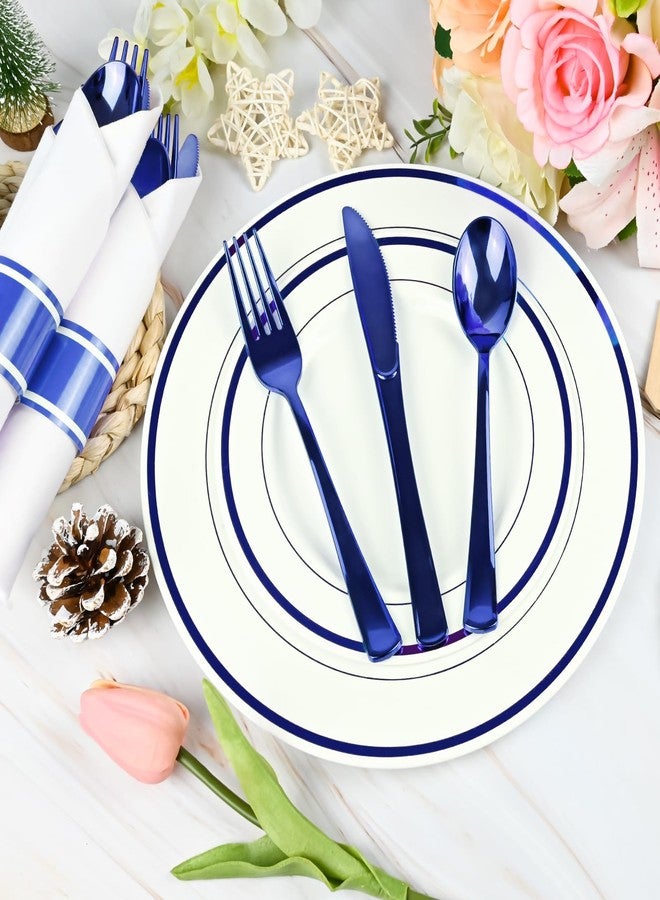 pyntop 100Pack Blue Pre Rolled Plastic Silverware - Wrapped Blue Rolled Cutlery with Napkins, Heavy Duty Prerolled Plastic Silverware Set, Disposable Utensils with Dinner Napkins for Party - Image 4