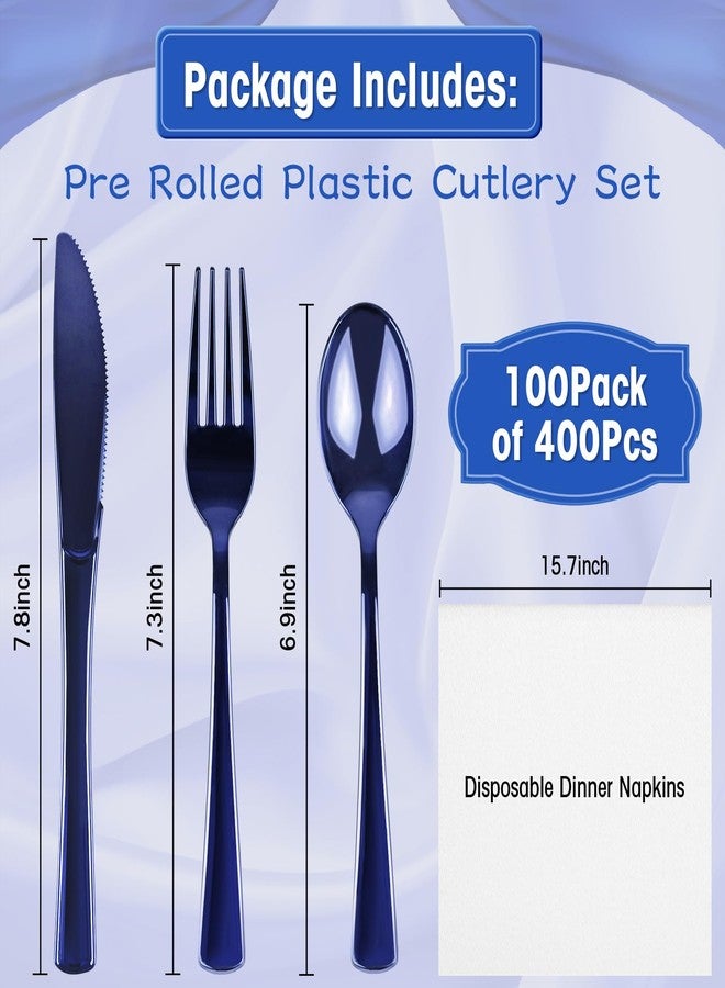 pyntop 100Pack Blue Pre Rolled Plastic Silverware - Wrapped Blue Rolled Cutlery with Napkins, Heavy Duty Prerolled Plastic Silverware Set, Disposable Utensils with Dinner Napkins for Party - Image 2
